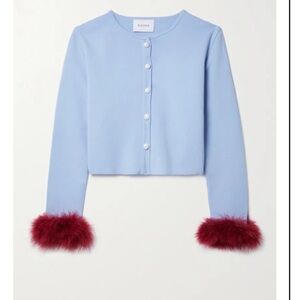 Sleeper Convertible Cropped Feather-Trimmed Knitted Cardigan blue/red